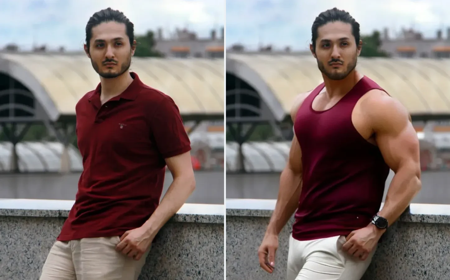 DreamBody before and after: a regular photo and a generated preview of a fitter body