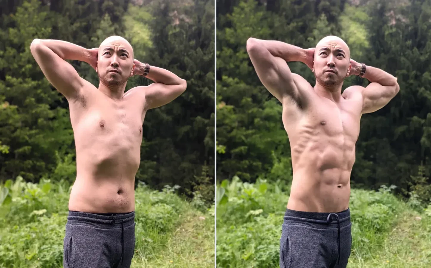 DreamBody before and after: the source photo and a preview with added muscle mass