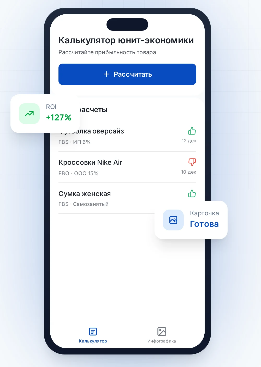 SellerBox Telegram Mini-App: the unit-economics calculator with a list of runs and ROI